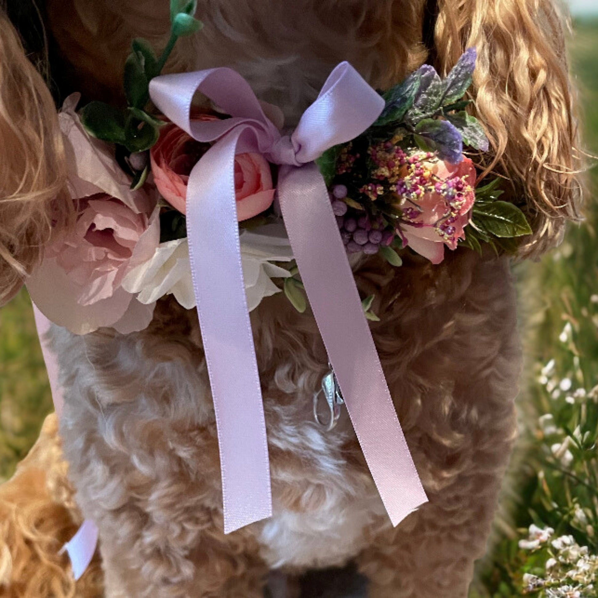 Dog flower garland on leather collar lilac tones with optional ring bearer clasp