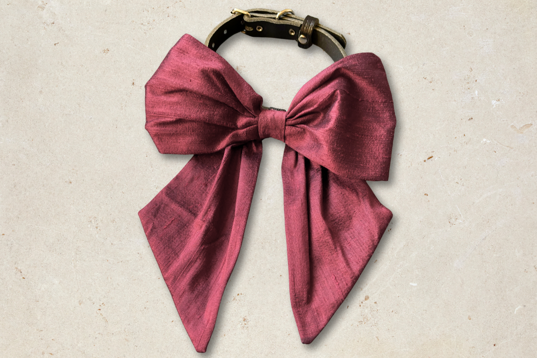 100% silk dupion burgundy red  sailor bow on leather collar with optional ring bearer clasp