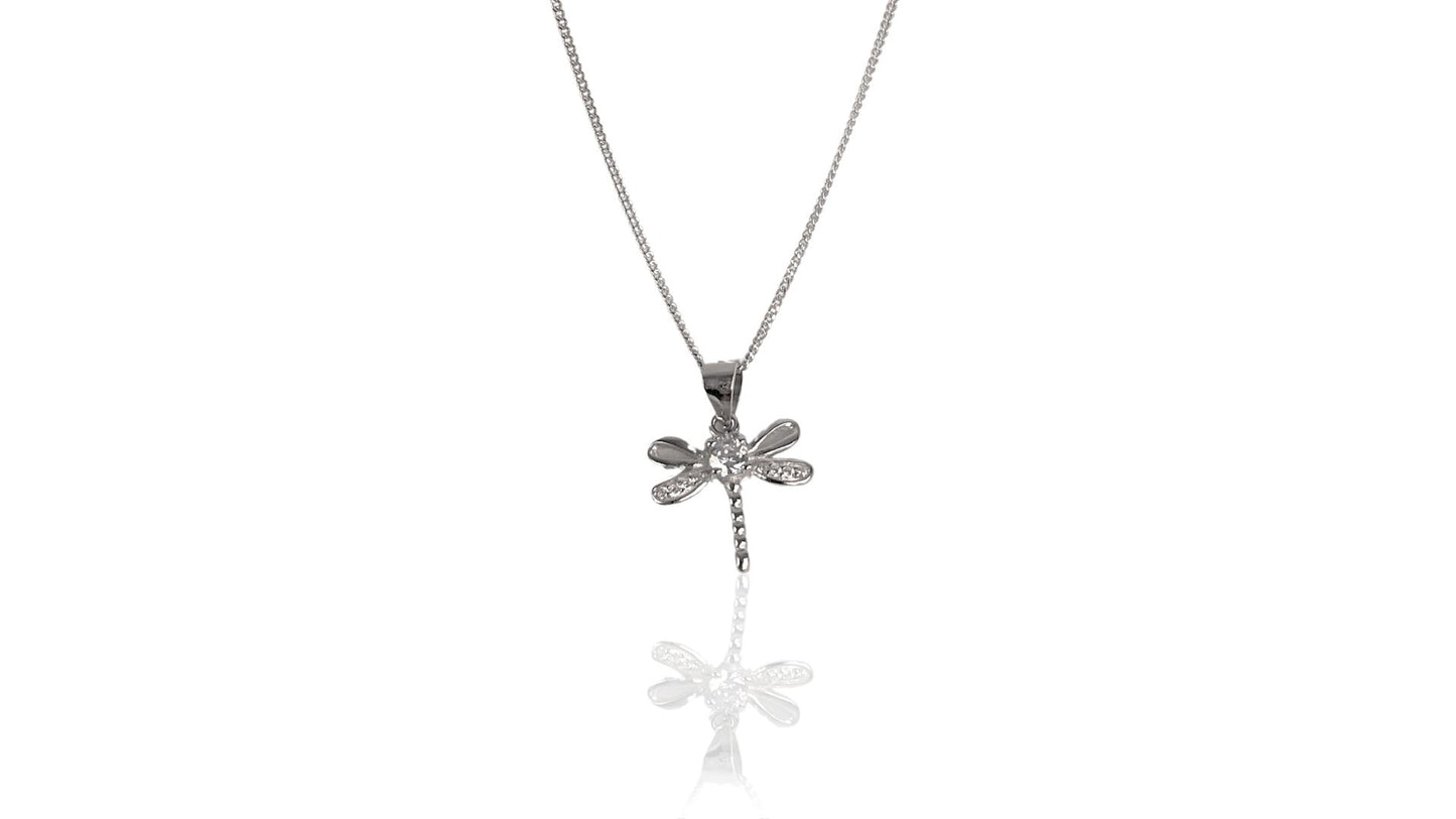 Dragonfly Necklace in Sterling Silver with cubic zirconia crystal