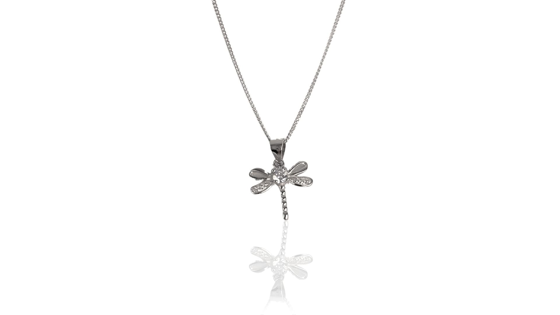 Dragonfly Necklace in Sterling Silver with cubic zirconia crystal