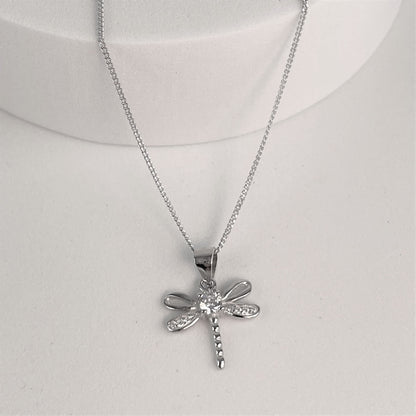 Dragonfly Necklace in Sterling Silver with cubic zirconia crystal