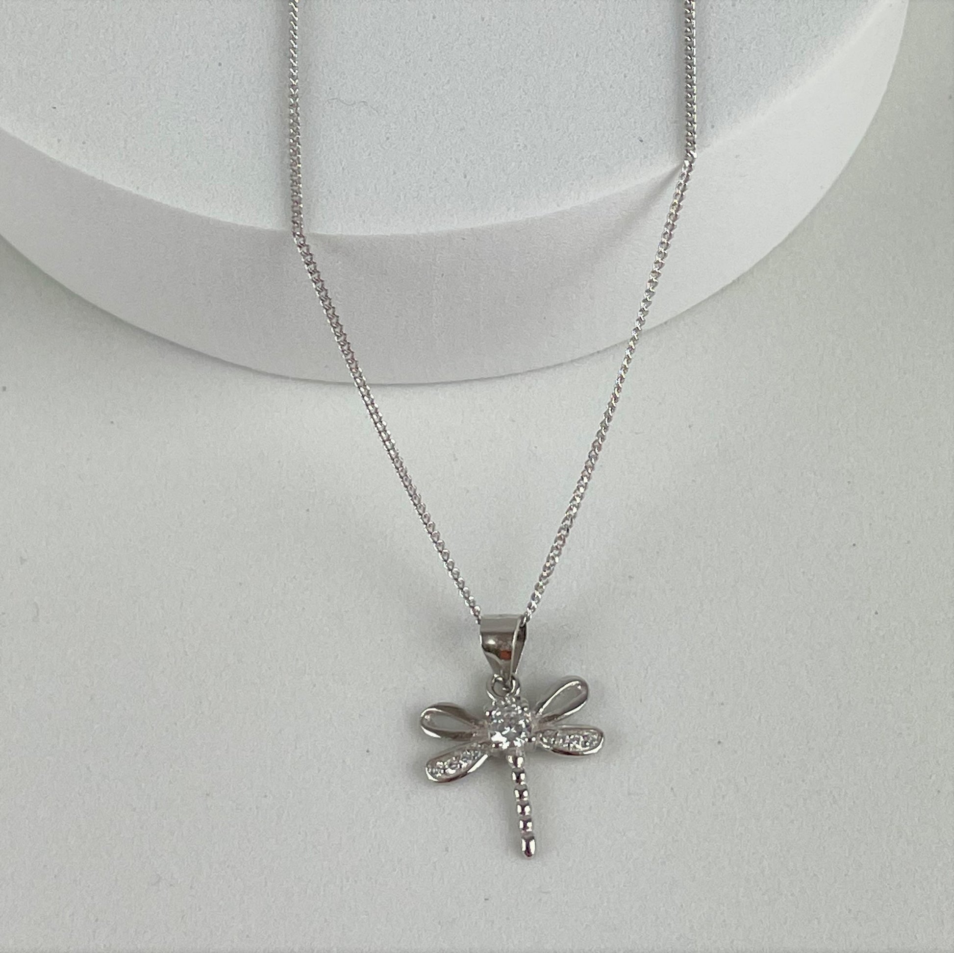 Dragonfly Necklace in Sterling Silver with cubic zirconia crystal