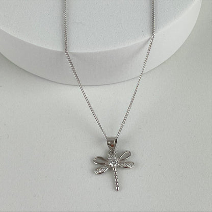 Dragonfly Necklace in Sterling Silver with cubic zirconia crystal