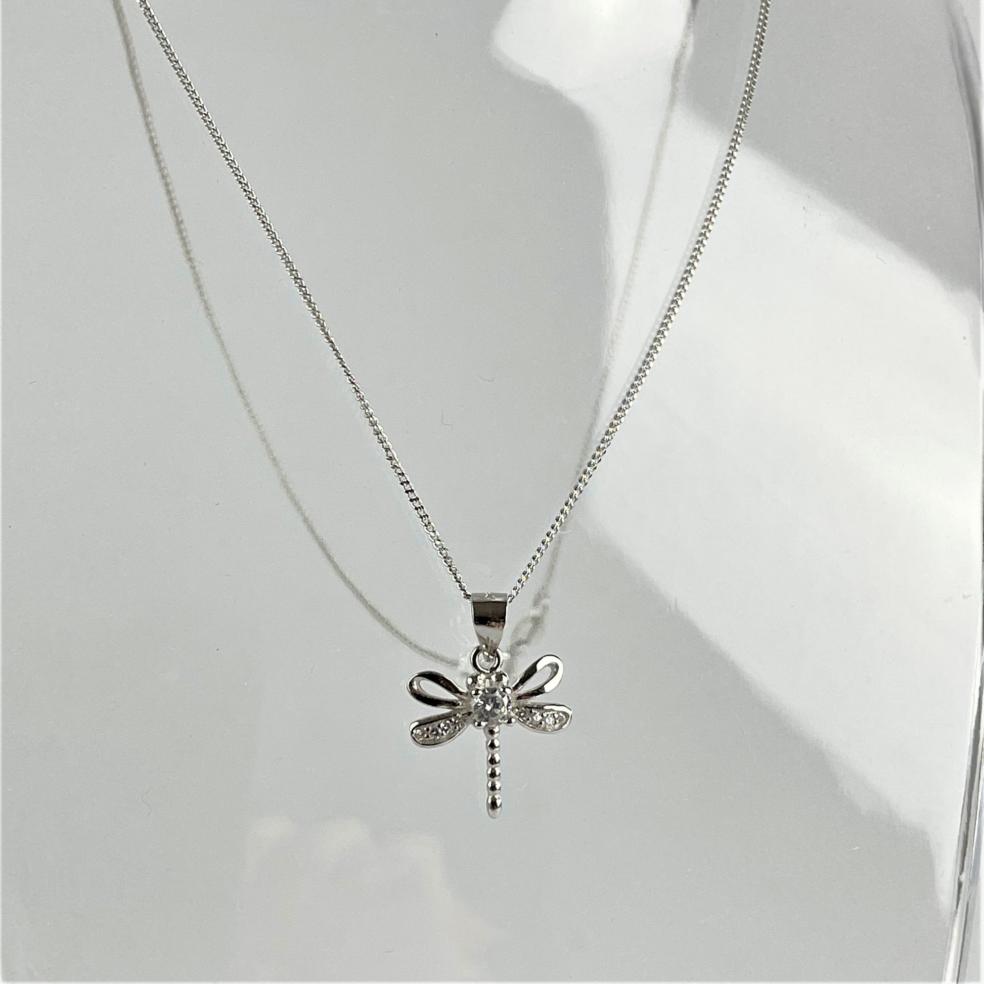 Dragonfly Necklace in Sterling Silver with cubic zirconia crystal