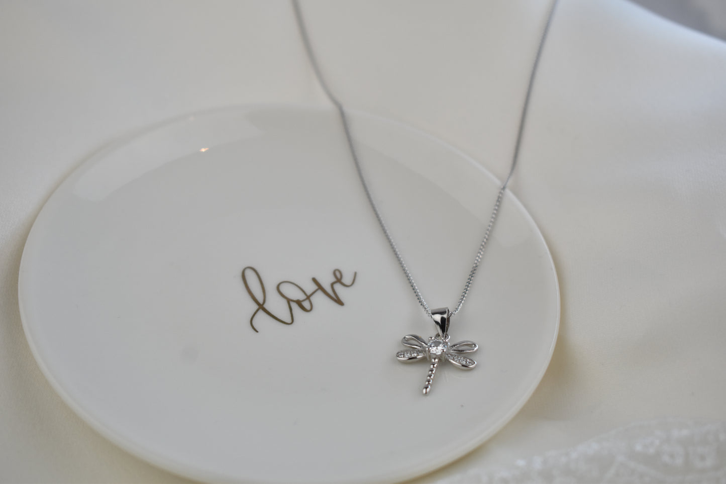 Dragonfly Necklace in Sterling Silver with cubic zirconia crystal