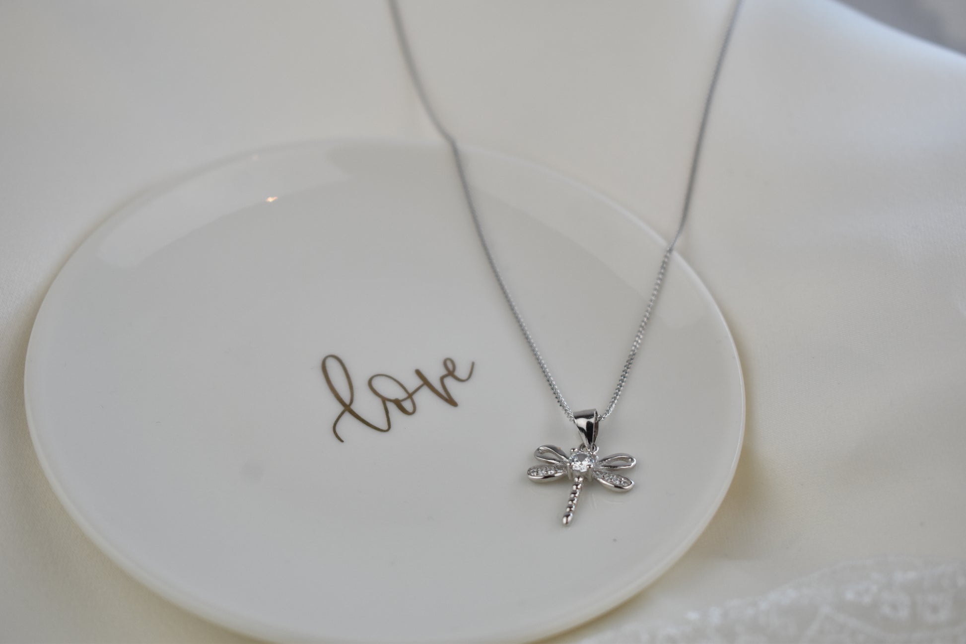 Dragonfly Necklace in Sterling Silver with cubic zirconia crystal