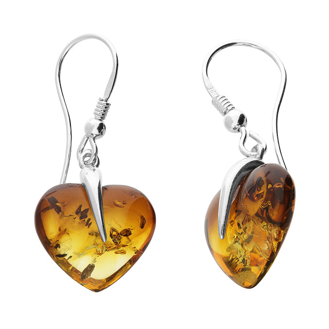 Cognac amber heart earrings. On sterling silver lever back wires