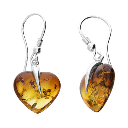 Cognac amber heart earrings. On sterling silver lever back wires