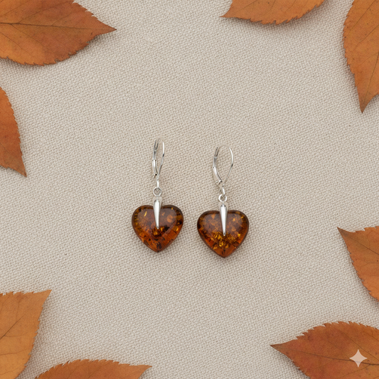 Cognac amber heart earrings. On sterling silver lever back wires