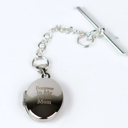 Engraved sterling silver oval photo locket on chain with t-bar fastening
