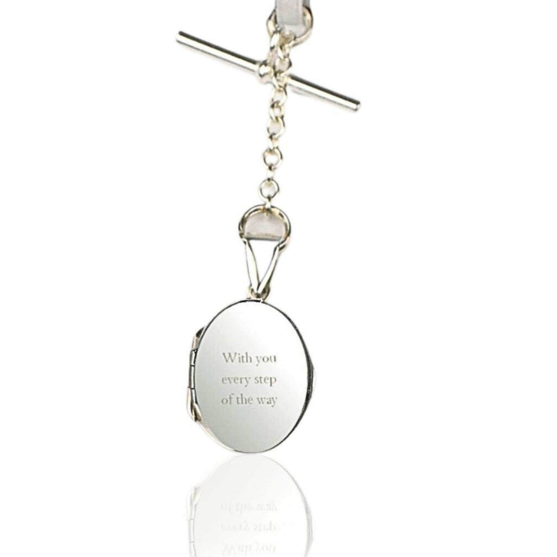 Engraved sterling silver oval photo locket on chain with t-bar fastening