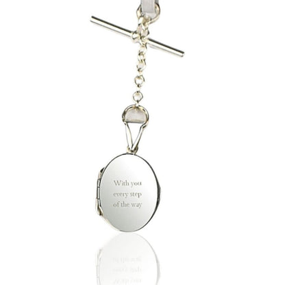 Engraved sterling silver oval photo locket on chain with t-bar fastening