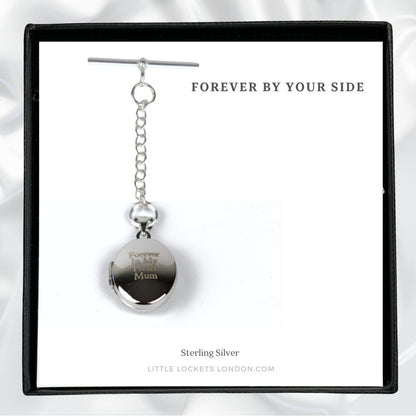 Sterling silver locket with T-bar fastening shown in gift box with the wording Forever by your Side