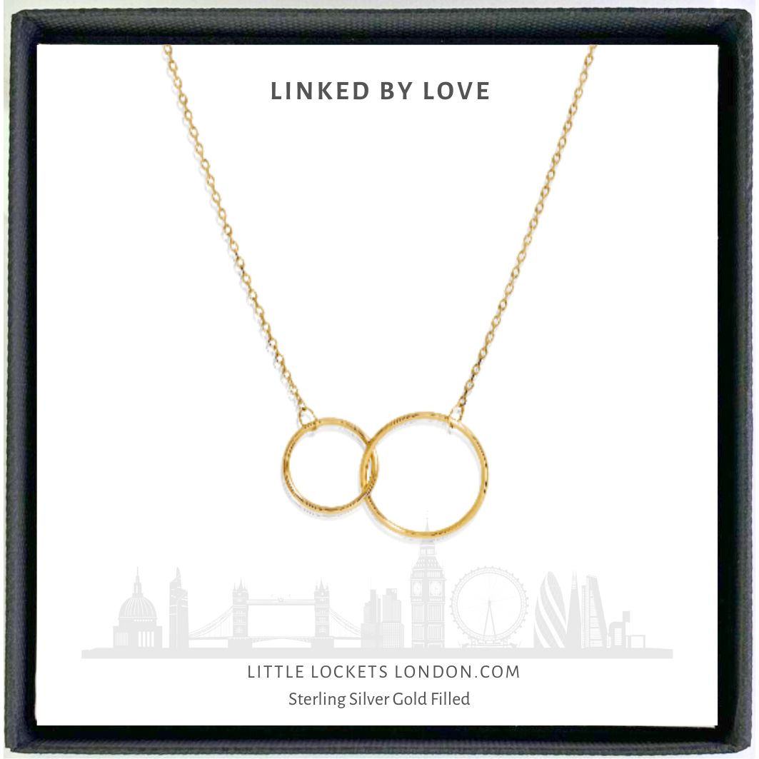 Entwined circles pendant in gold fill finish. Mounted on a message card of your choice.
