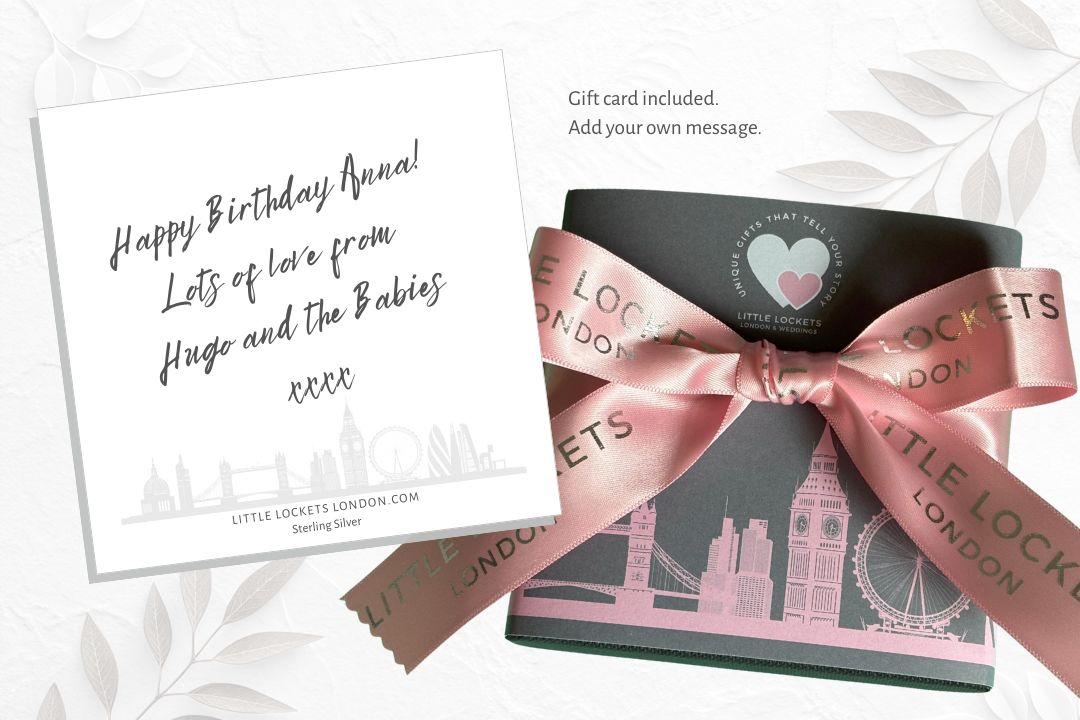 Gift box includes message card for handwritten message shown with pink ribbon and personalised message card