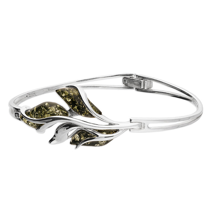 Sterling silver amber leaf bangle with green amber