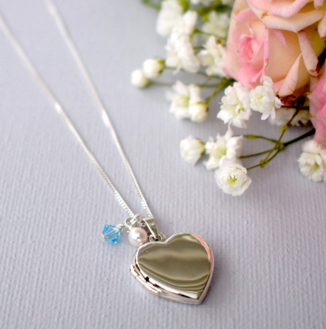 Sterling silver heart locket with cream pearl and blue  crystal