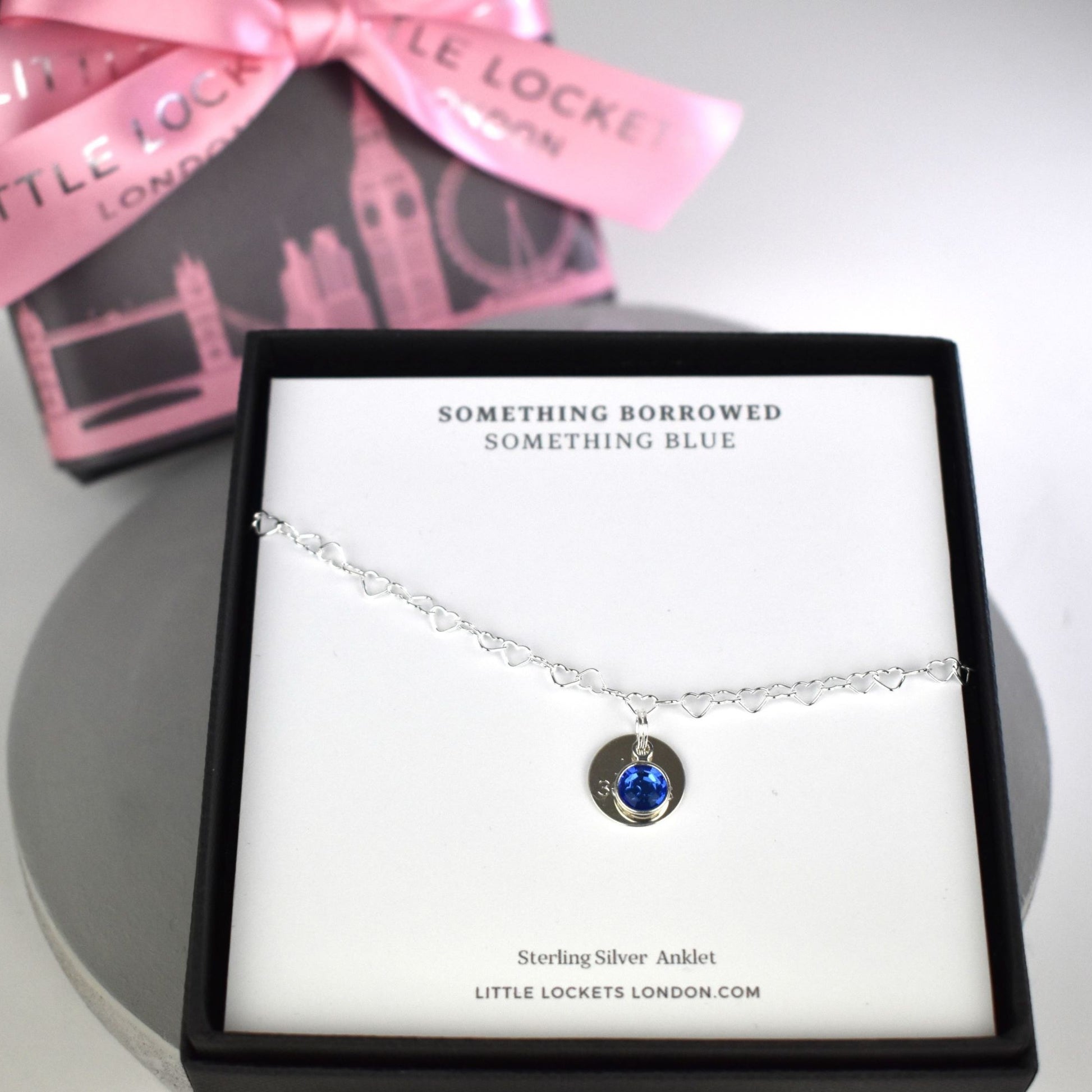 Sterling Silver heart link anklet with something blue sapphire crystal charm with optional round engraved tag in gift box