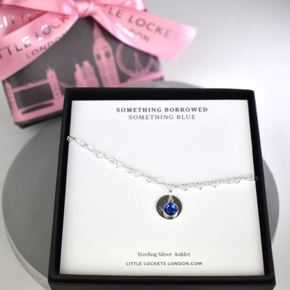 Sterling Silver heart link anklet with something blue sapphire crystal charm with optional round engraved tag in gift box