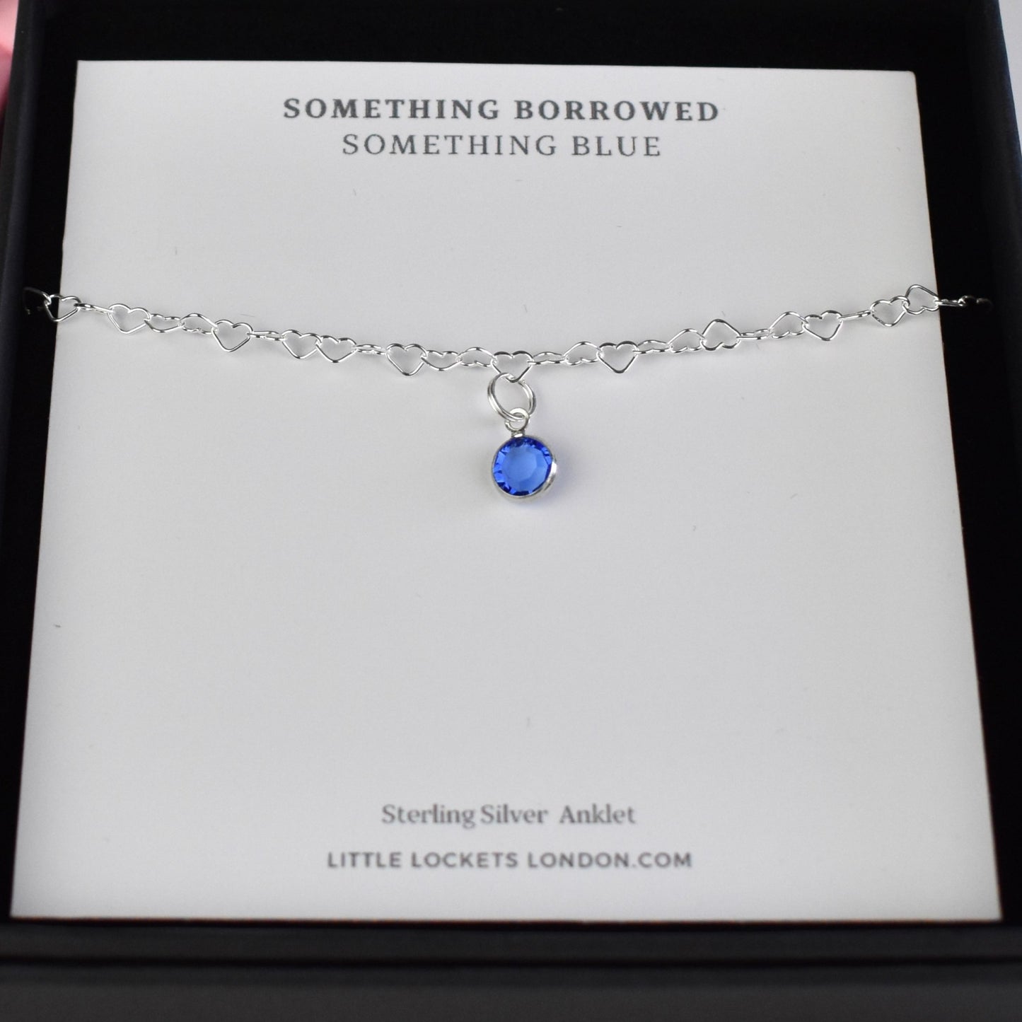 Sterling Silver heart link anklet with something blue sapphire crystal charm on gift card in branded gift box