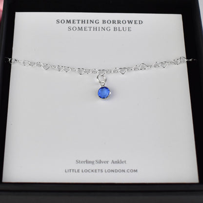 Sterling Silver heart link anklet with something blue sapphire crystal charm on gift card in branded gift box