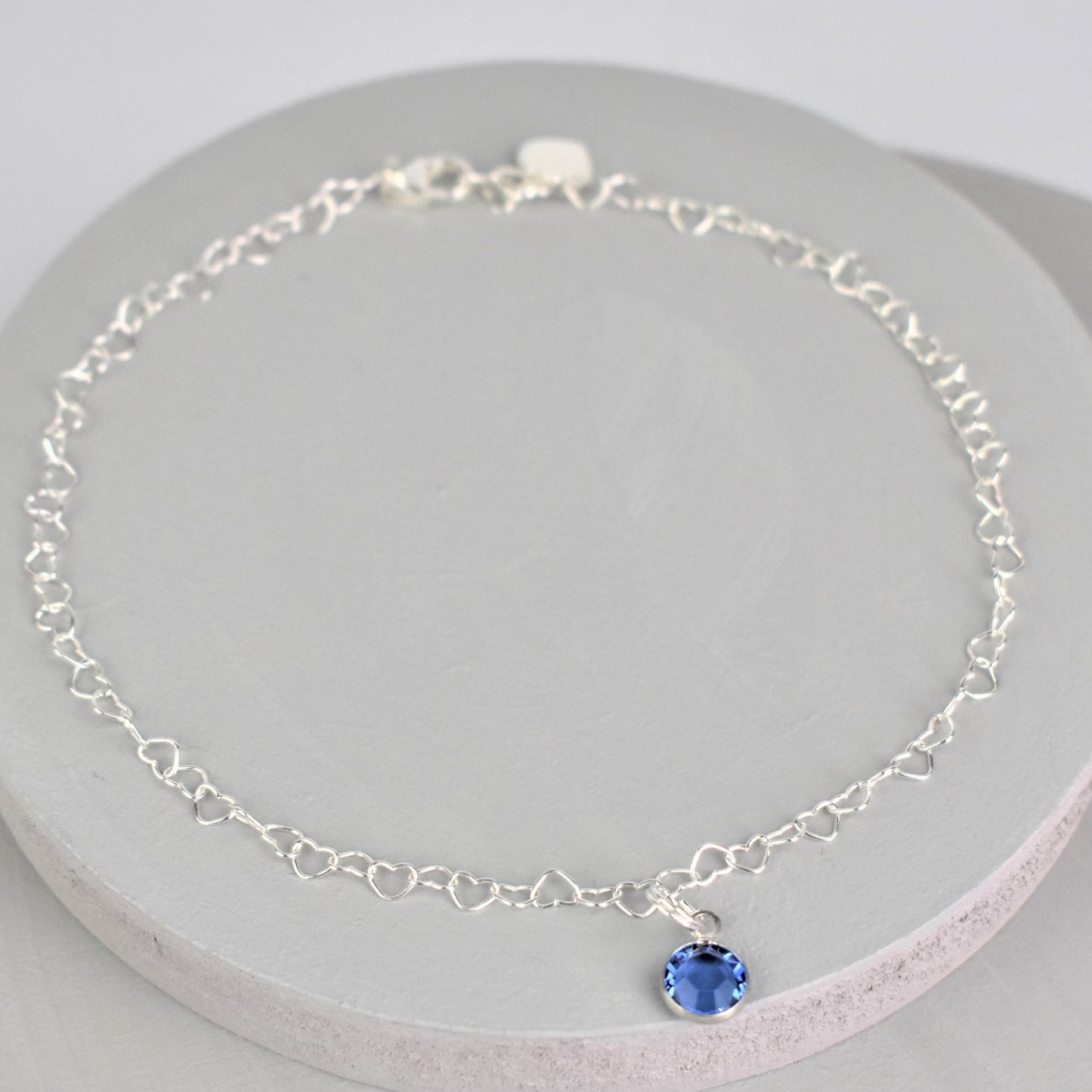 Sterling Silver heart link anklet with something blue sapphire crystal charm