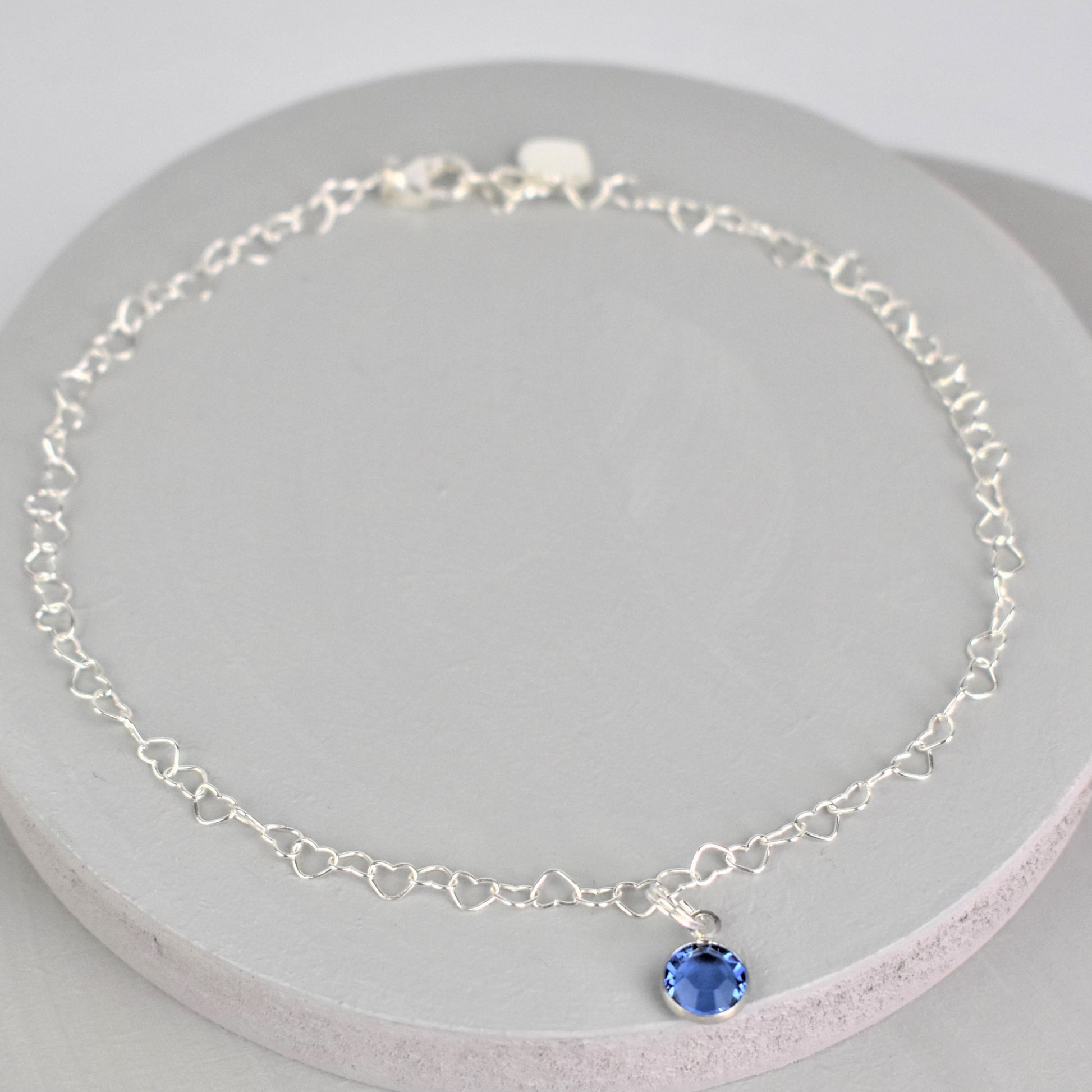 Sterling Silver heart link anklet with something blue sapphire crystal charm