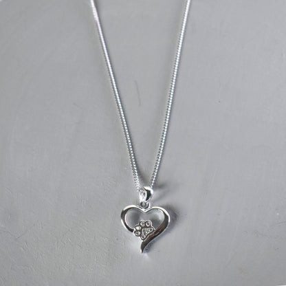 Silver heart shape necklace with crystal cubic zirconia paw print on 18" sterling silver diamond cut chain