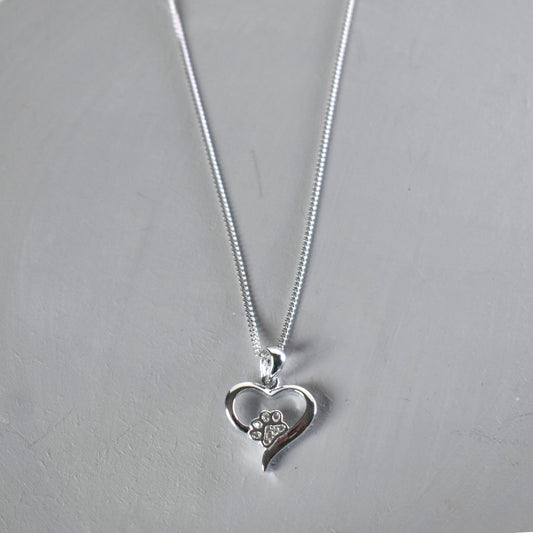 Silver heart shape necklace with crystal cubic zirconia paw print on 18" sterling silver diamond cut chain