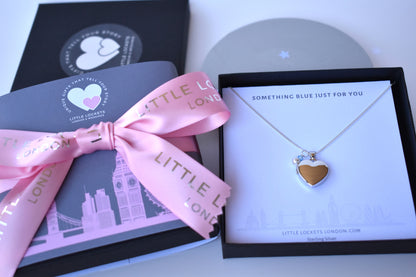 Sterling silver heart locket with cream pearl and blue  crystal