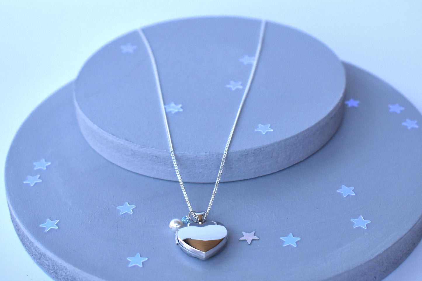 Sterling silver heart locket with cream pearl and blue  crystal