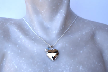 Sterling silver heart locket with cream pearl and blue  crystal