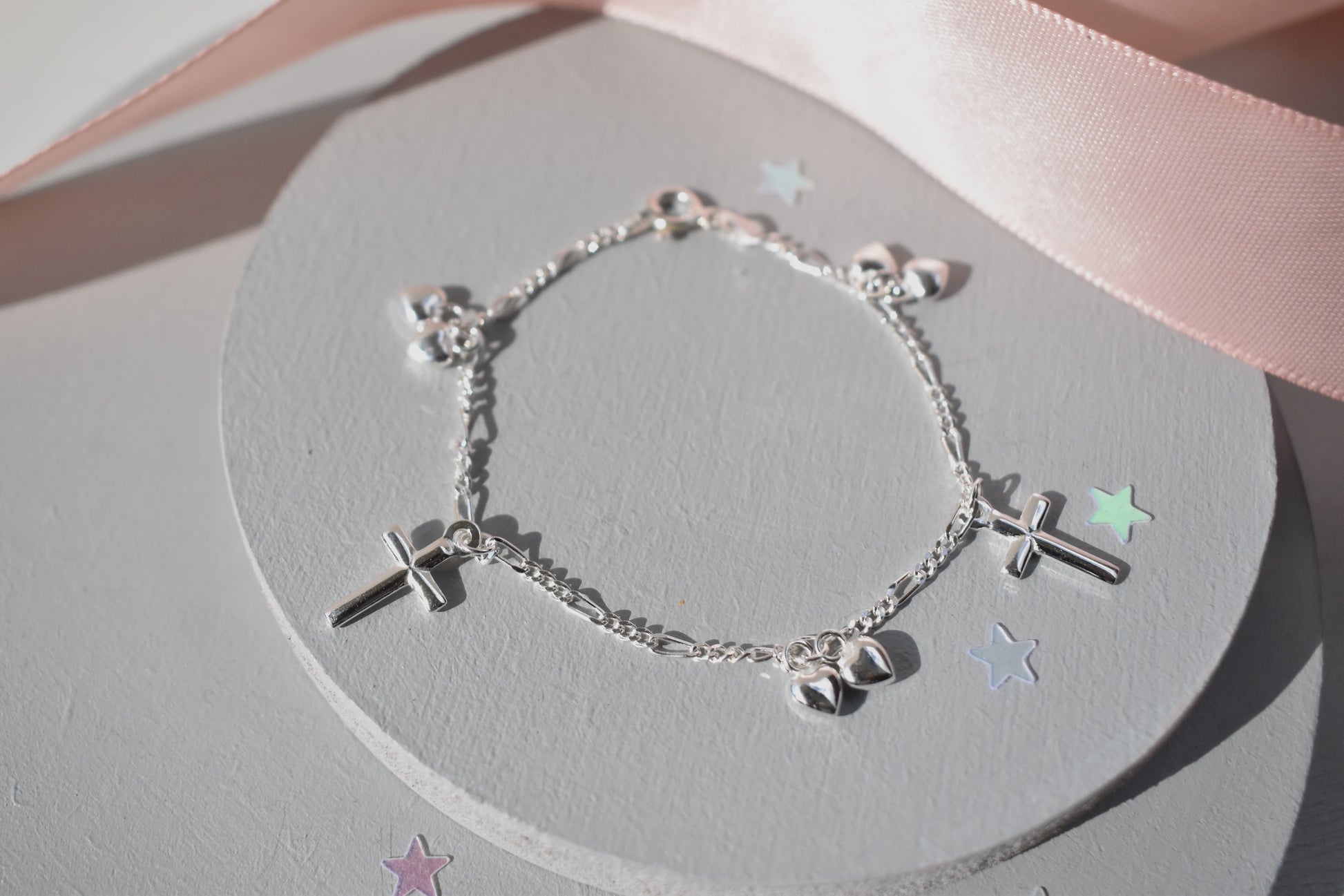 sterling silver childs heart and crosses bracelet