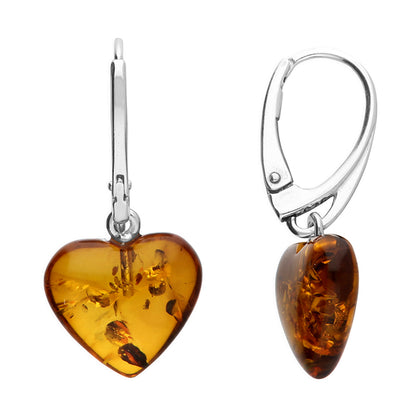 Sterling silver and cognac amber heart earrings, the amber is heart shaped, 