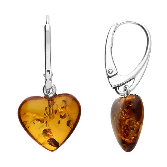 Sterling silver and cognac amber heart earrings, the amber is heart shaped, 