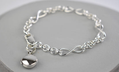 Sterling silver Infinity link bracelet with miniature 10mm sterling silver photo locket