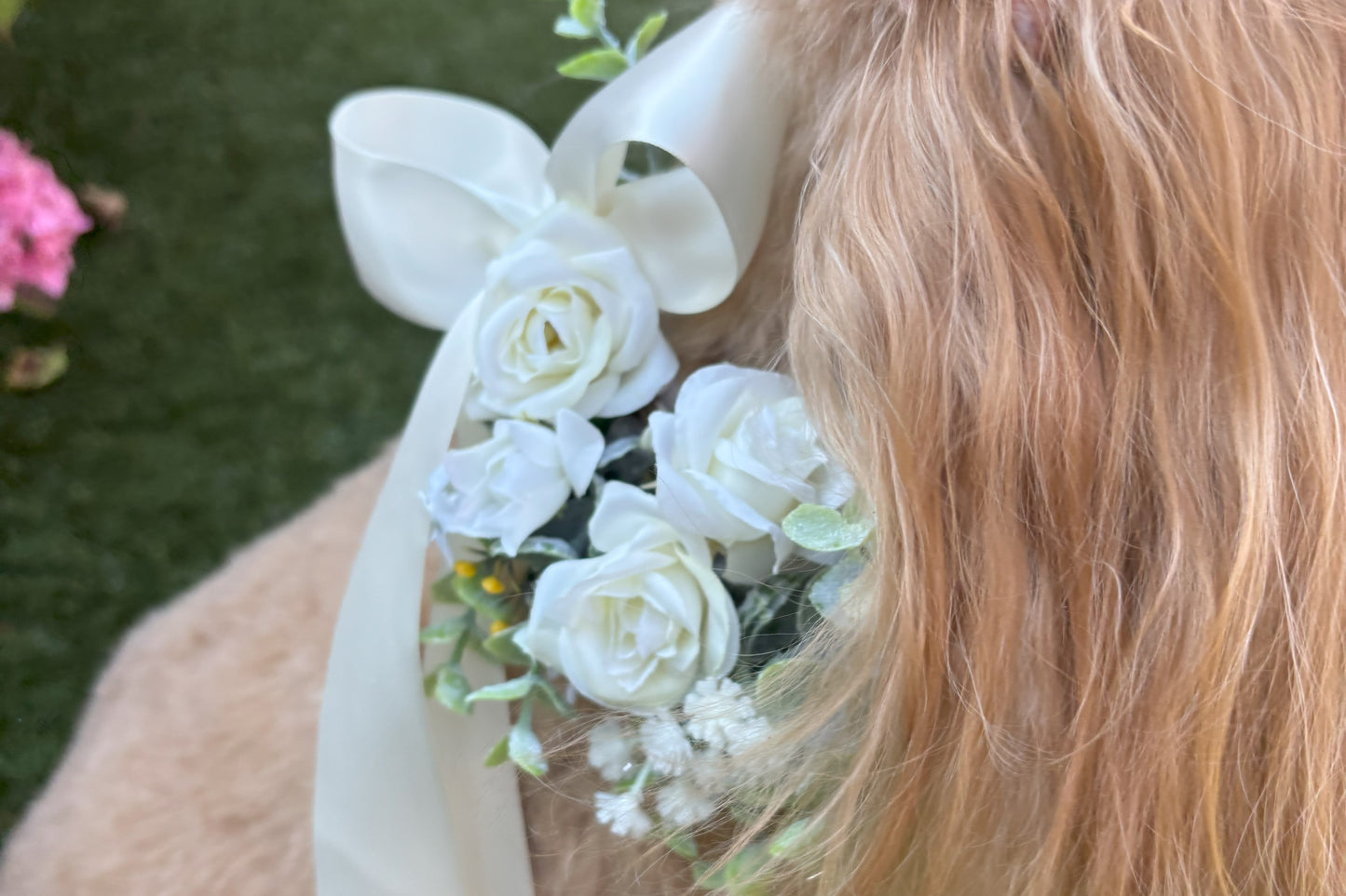 Ivory Silk Dog Ring Bearer Collar. Featuring delicate ivory silk roses and buds with a touch of woodland frosted greenery, this collar is finished with your choice of satin ribbon to match your colour scheme. Optional ring bearer clasp