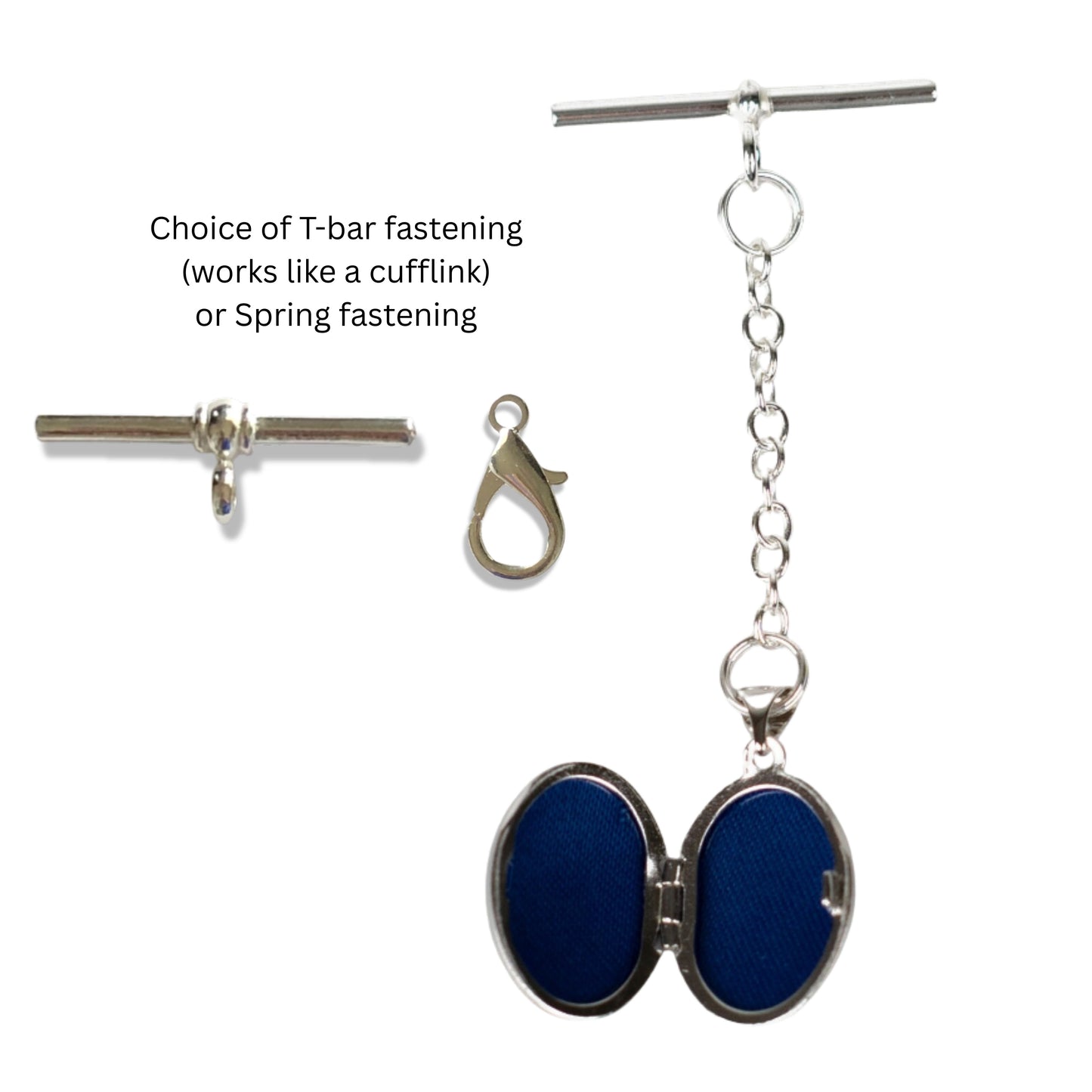 Engraved sterling silver oval photo locket on chain showing fastening options either spring clasp or t-bar