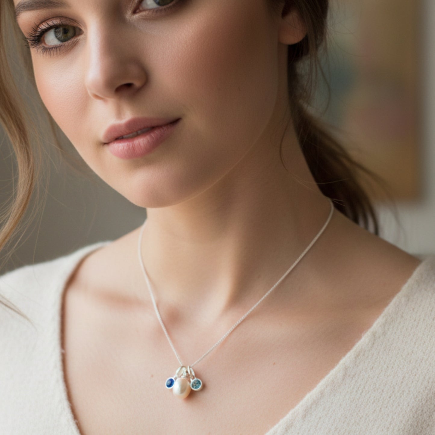 Model wears Freshwater pearl necklace with crystal birthstones