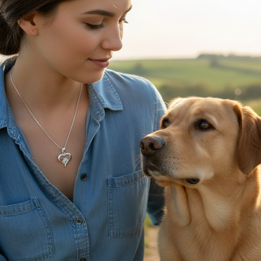 Model wears Silver heart shape necklace with crystal cubic zirconia paw print on 18" sterling silver diamond cut chain