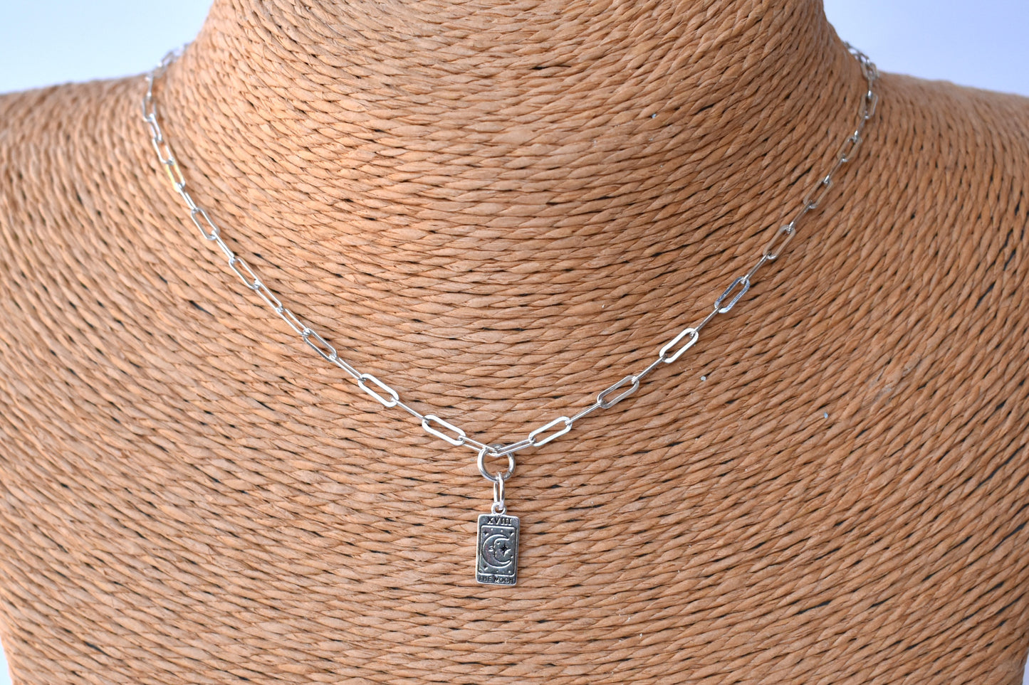 Sterling silver paper clip necklace with a sterling silver Moon Tarot Pendant