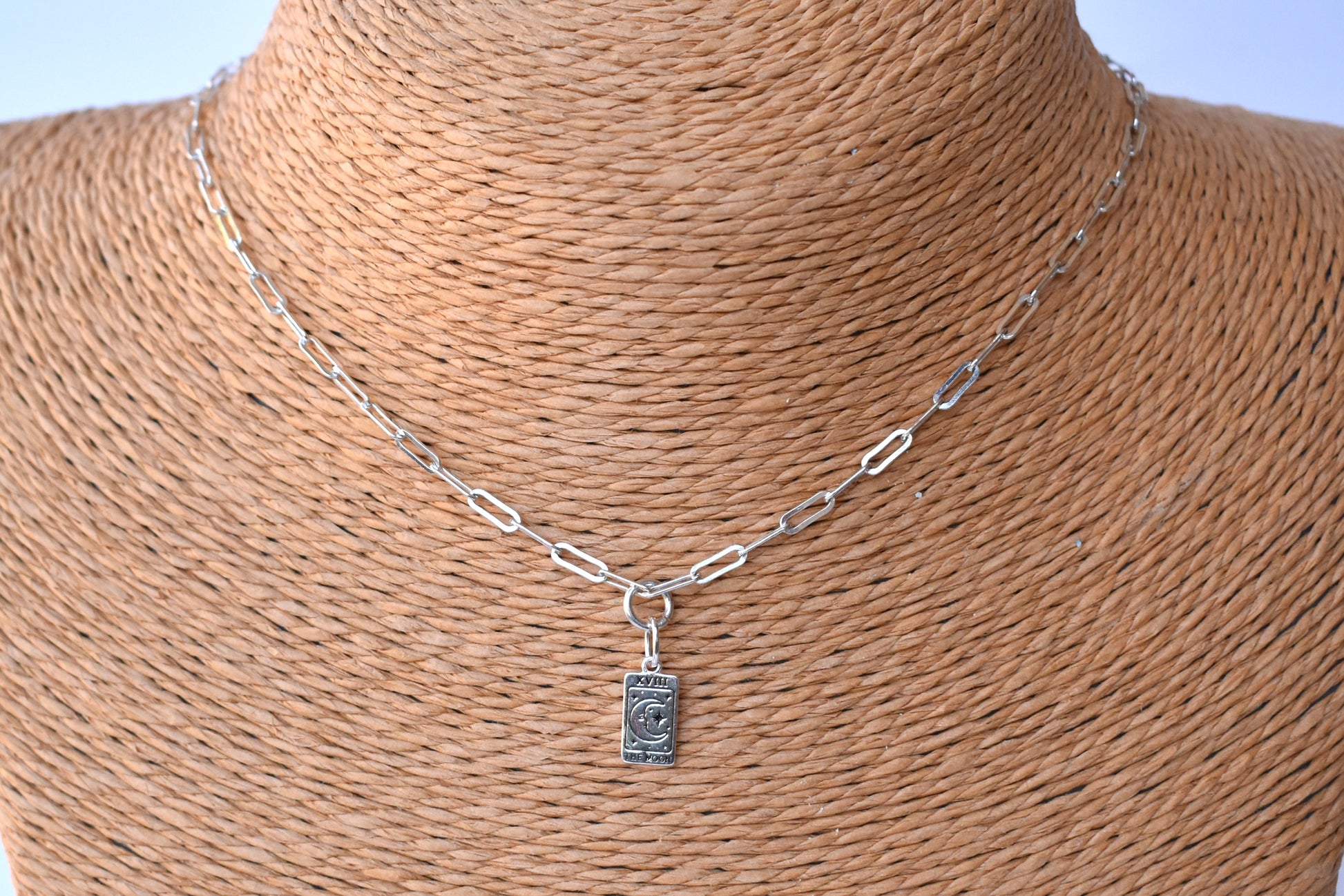 Sterling silver paper clip necklace with a sterling silver Moon Tarot Pendant
