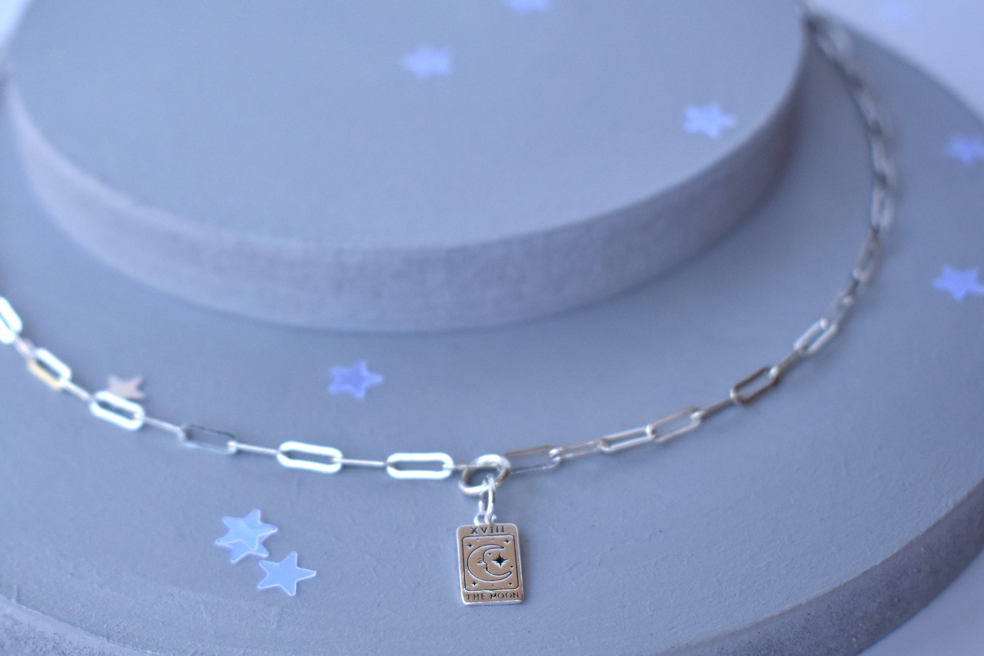 Sterling silver paper clip necklace with a sterling silver Moon Tarot Pendant