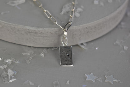 Sterling Silver Paper Clip Necklace featuring a beautiful and symbolic Moon Tarot Card pendant. 