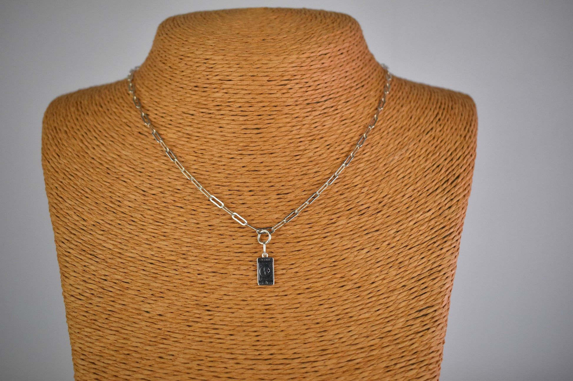 Sterling Silver Paper Clip Necklace featuring a beautiful and symbolic Moon Tarot Card pendant. 