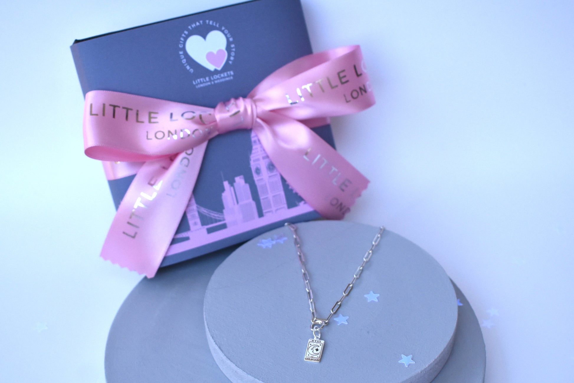 Sterling silver paper clip necklace with a sterling silver Moon Tarot Pendant with gift box option
