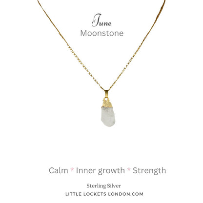 Moonstone pendant with sterling silver gold plated tip suspended from a gold plated sterling silver chain. The pendant is mounted on card with the birth month and stone name and three qualities of the stone - calm, inner growth, strength