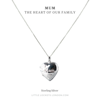 Heart shaped photo locket features delicate flowers engraved on the front, along with Mum. Crafted from high-quality sterling silver, it comes with a 16-18 inch extendable chain. Shown on gift card with the words Mum, the heart of our family, or choose your own wording