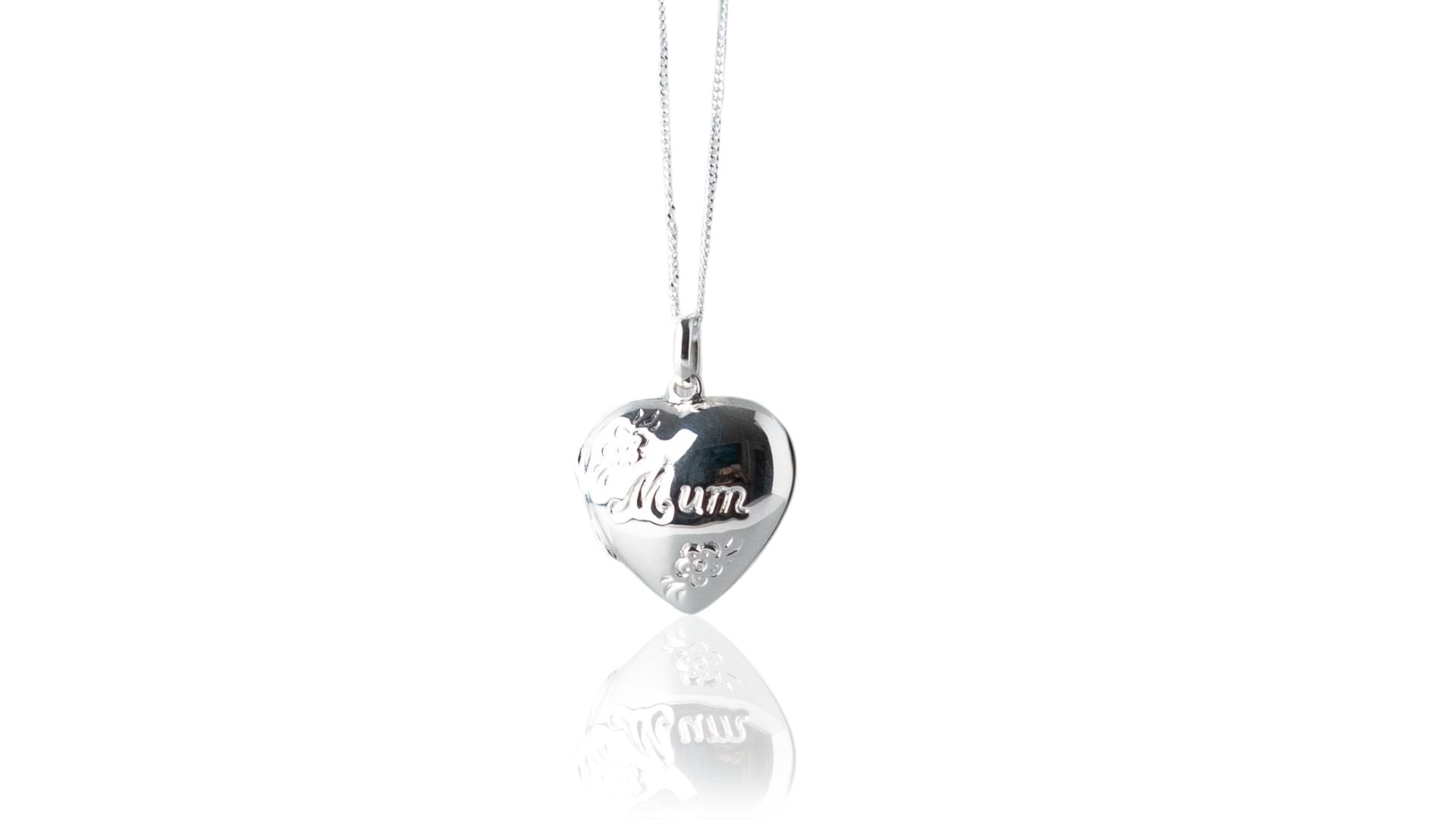 Heart shaped photo locket features delicate flowers engraved on the front, along with Mum. Crafted from high-quality sterling silver, it comes with a 16-18 inch extendable chain