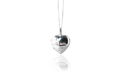 Heart shaped photo locket features delicate flowers engraved on the front, along with Mum. Crafted from high-quality sterling silver, it comes with a 16-18 inch extendable chain